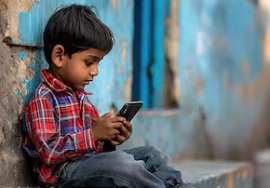 A young boy wearing an orange shirt sits outside holding a mobile phone and looking at the screen, with blurred greenery and buildings in the background.