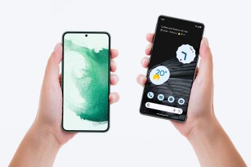 Two hands holding two modern Android smartphones, each displaying different home screens and app layouts.