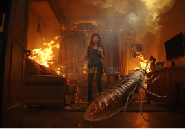 Woman using a spray and lighter to kill a cockroach as the house catches fire, representing a dangerous flamethrower incident.