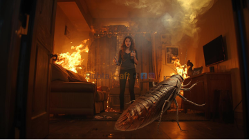 Woman using a spray and lighter to kill a cockroach as the house catches fire, representing a dangerous flamethrower incident.