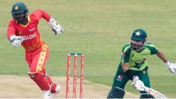 A Zimbabwean cricketer and a Pakistani batsman running between the wickets during a T20 cricket match, action scene on a grassy cricket field.