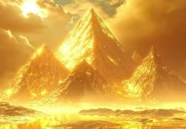 A breathtaking fantasy scene featuring massive golden pyramids glowing under a dramatic yellow-orange sky. The structures shimmer with intense light, surrounded by mist and reflective golden water, creating a surreal and mystical atmosphere.