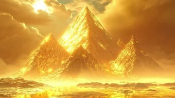 A breathtaking fantasy scene featuring massive golden pyramids glowing under a dramatic yellow-orange sky. The structures shimmer with intense light, surrounded by mist and reflective golden water, creating a surreal and mystical atmosphere.