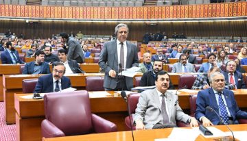 Members of a parliamentary assembly seated in a large hall during an official session, with one man standing and speaking while others listen attentively.