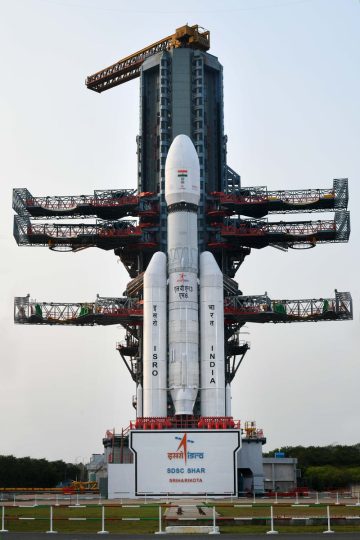ISRO LVM3-M6 rocket standing on the launch pad at Sriharikota before India’s heaviest satellite mission