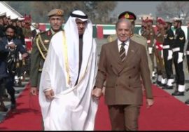 UAE President Sheikh Mohamed bin Zayed Al Nahyan walks on red carpet during official arrival in Pakistan, receiving guard of honour alongside Prime Minister Shehbaz Sharif