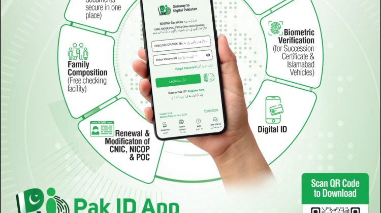 NADRA Pak ID mobile app showing online CNIC renewal, biometric verification, family registration certificate and digital ID services in Pakistan