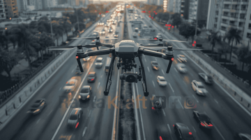 A professional surveillance drone hovering above a busy city highway, capturing high-resolution footage of fast-moving traffic.