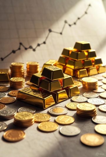 "Gold bars and stacked coins placed on a financial chart showing market fluctuations."