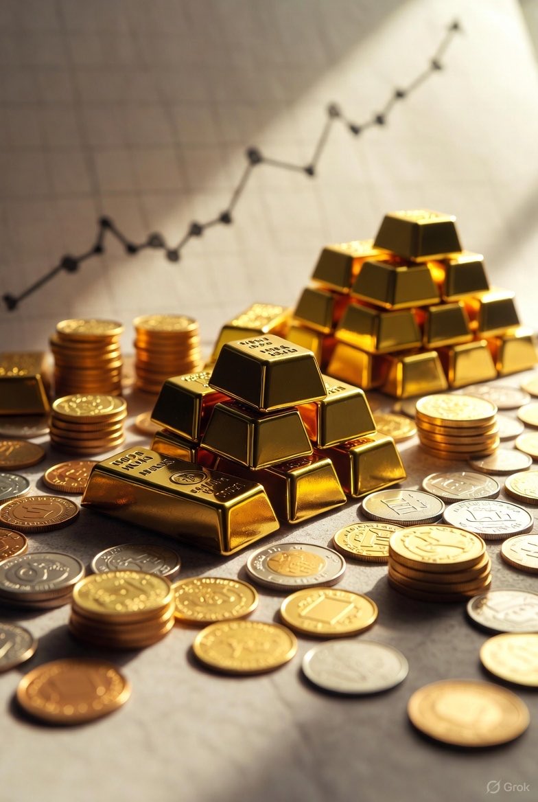 "Gold bars and stacked coins placed on a financial chart showing market fluctuations."