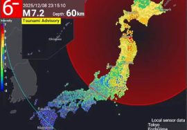 “Japan earthquake intensity map showing M7.2 quake off Aomori Prefecture with tsunami advisory on December 8, 2025.”