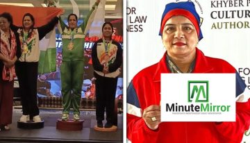 A female athlete in a green tracksuit stands on the winner’s podium holding her hands up in victory, wearing multiple gold medals, while other competitors stand beside her. In the second image, the same woman is seen wearing a red sports jacket and blue cap, posing proudly in front of a media backdrop.