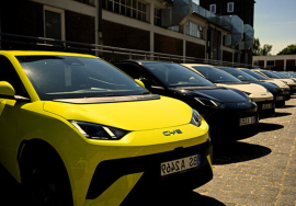 BYD electric cars parked in a row showcasing modern Chinese EV lineup competing with Tesla in global electric vehicle market
