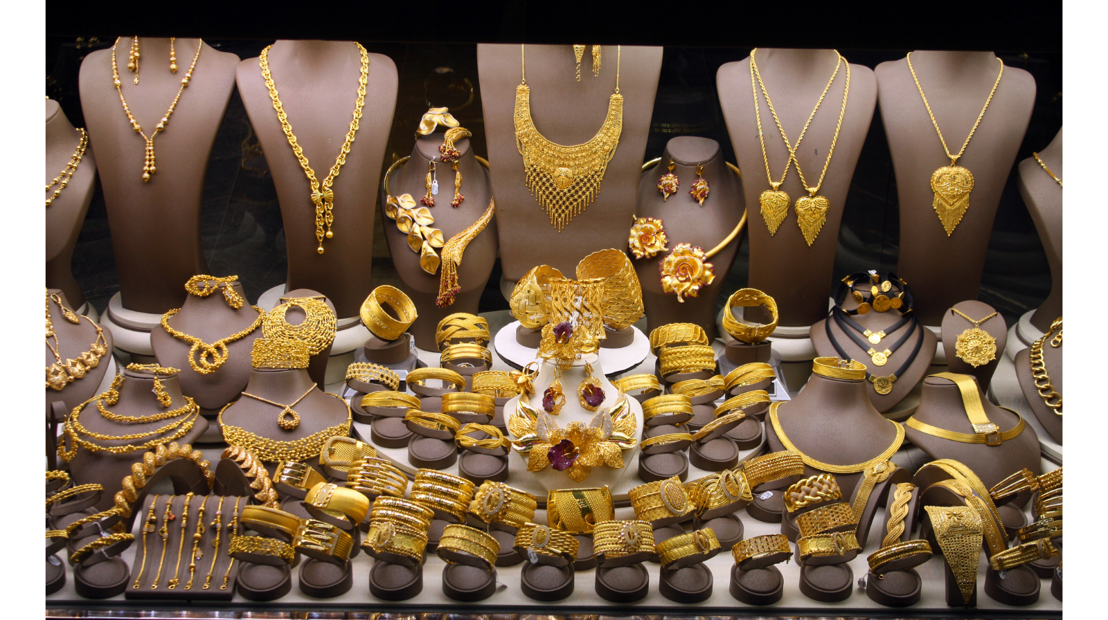 Gold jewelry display in Pakistan as gold prices rise in local market